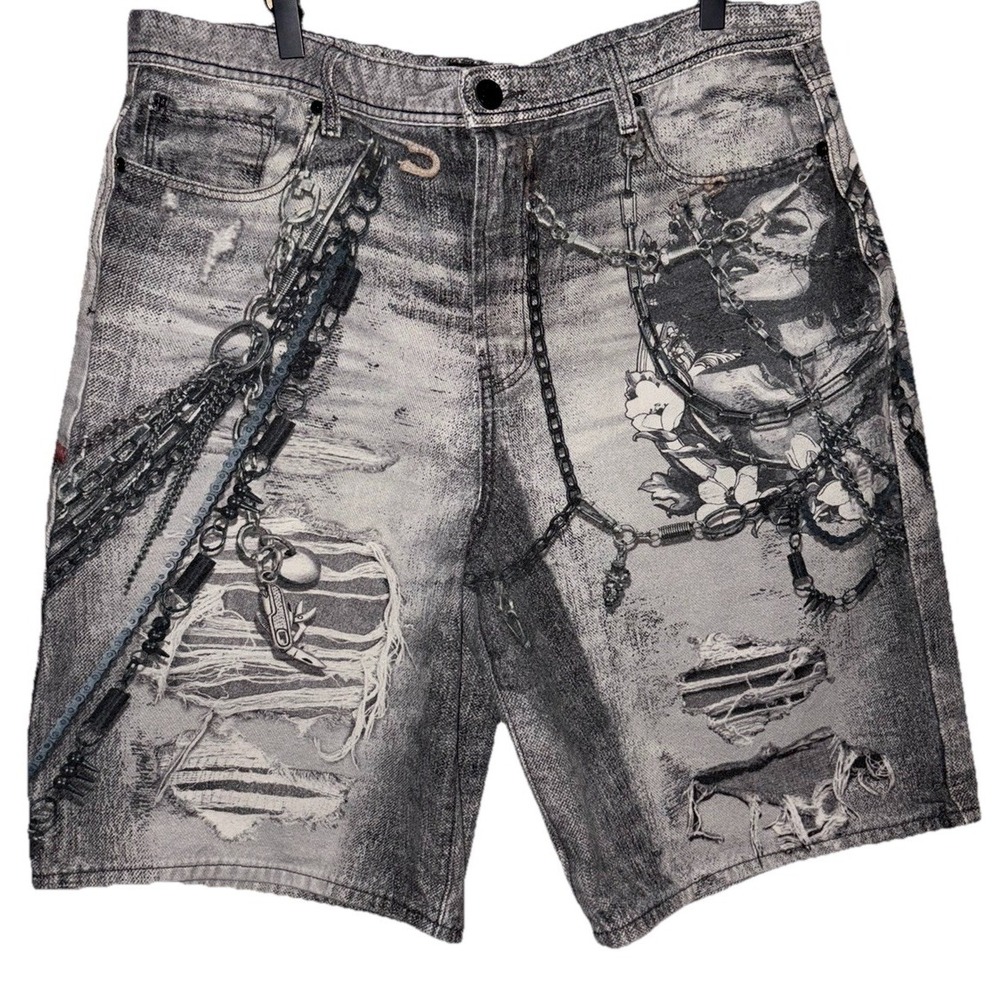Preme Streetwear Jorts Shorts With Printed On Flowers Chains Face Size 40w